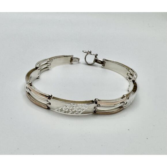 Designer Peruvian Sterling Silver 950 and 18K Gold Inlay Bracelet - 7.5” - Picture 3 of 7
